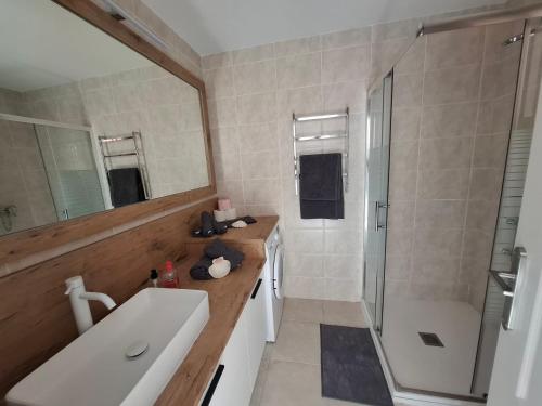 a bathroom with a sink and a shower and a mirror at Paraíso Jandia beach in Costa Calma