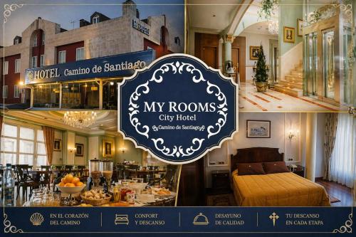 a collage of photos of a hotel room with a sign at My Rooms City Hotel Camino de Santiago in Castrillo del Val
