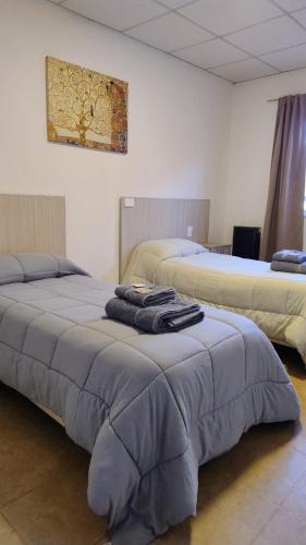 two beds in a hotel room with towels on the bed at Depto B in Rincon de los Sauces