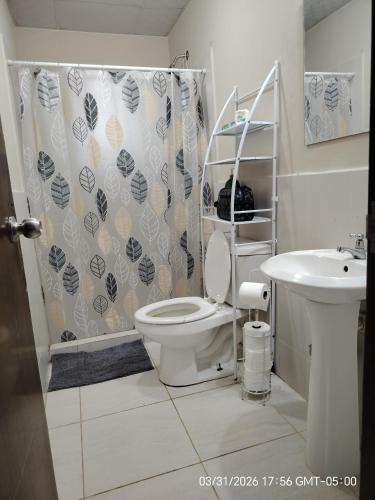 a bathroom with a toilet and a shower curtain at Jadash house in David