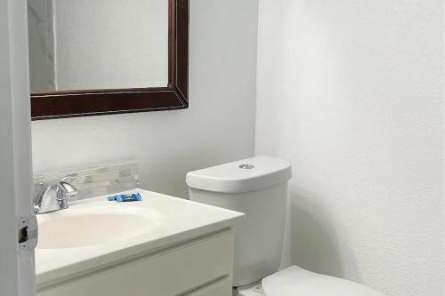 a bathroom with a toilet and a sink and a mirror at APM Inn & Suite in Jacksonville