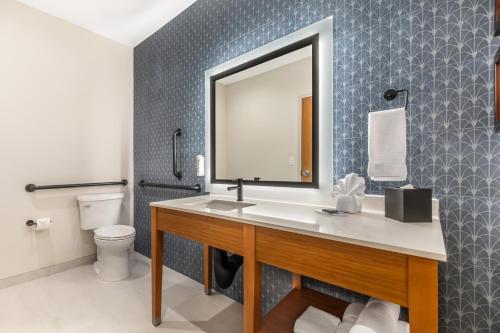 a bathroom with a sink and a toilet and a mirror at Country Inn & Suites by Radisson, Amarillo Central in Amarillo