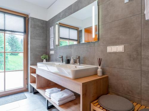 a bathroom with a sink and a mirror at Haus Liene in Donnersbachwald
