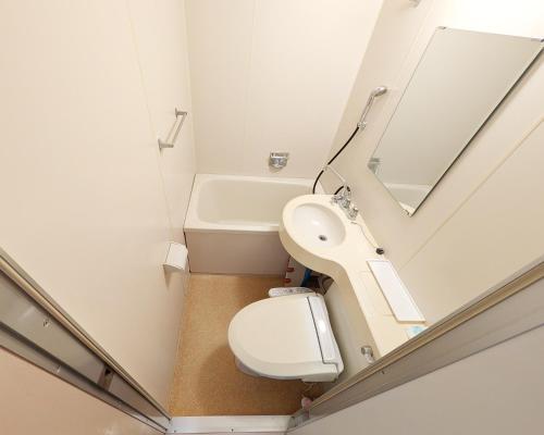 a small bathroom with a toilet and a mirror at Nikko TEN Stay in Nikko