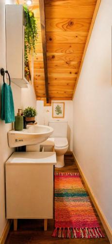 a bathroom with a sink and a toilet at Casa Rosa in Coñaripe