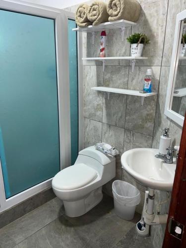 a bathroom with a toilet and a sink at Blue Paradise in Coxen Hole