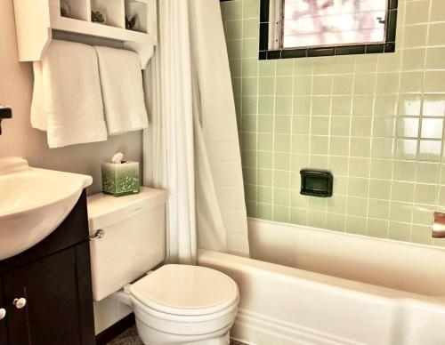 a bathroom with a white toilet and a sink at Downtown Duplex A Amazing Location in Sanford