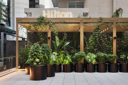 a bunch of potted plants in front of a building at Parmelia Hilton Perth in Perth