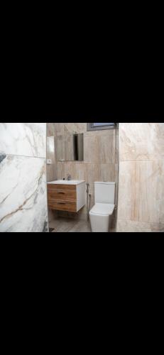 a bathroom with a white toilet and a sink at Le mirage in Tozeur