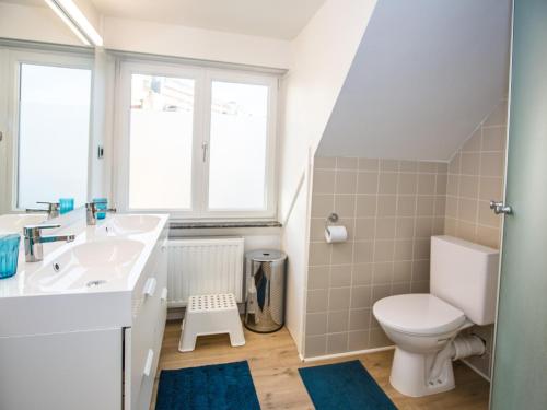 a bathroom with a sink toilet and a window at Villa Tamarisk - + box in Middelkerke