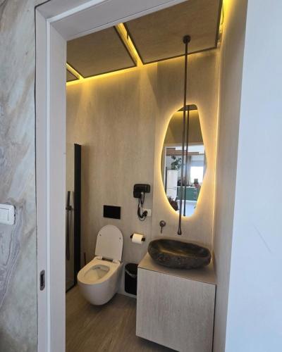 a bathroom with a toilet and a sink and a mirror at למרגלות הגלבוע in Gid‘ona