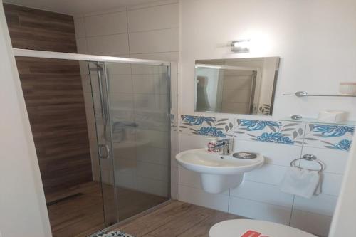 a bathroom with a shower and a sink at Agritourism, family studio in Ładzin