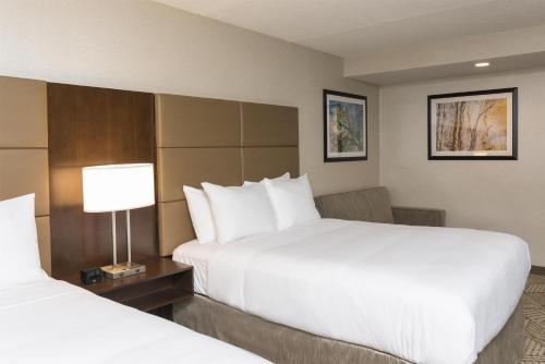 a hotel room with two beds and a lamp at Doubletree by Hilton Pleasant Prairie Kenosha, WI in Pleasant Prairie