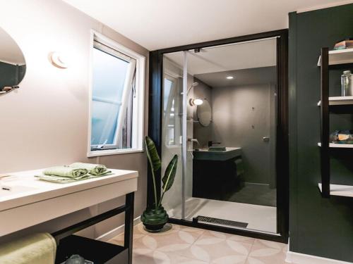 a bathroom with a shower and a sink and a mirror at Wadden Lodge Plus in Westerland