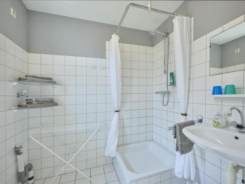 a bathroom with a shower and a sink at Poldergeluk in Ooltgensplaat