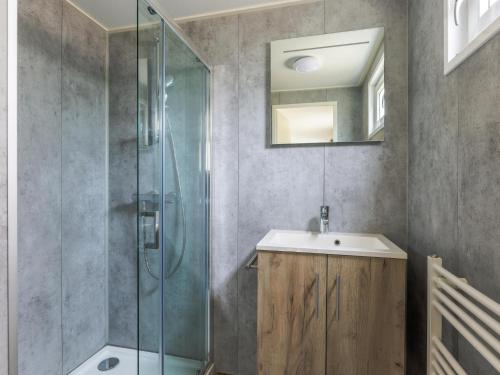 a bathroom with a shower and a sink and a mirror at Woodchalet in Vessem