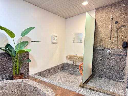 a bathroom with a shower and a tub and a plant at Ardour Lodge "B" Wing in George Town