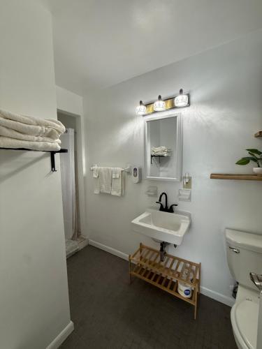 a white bathroom with a sink and a toilet at Great Lakes Resort - Family Suite - Suite 1 in Lexington