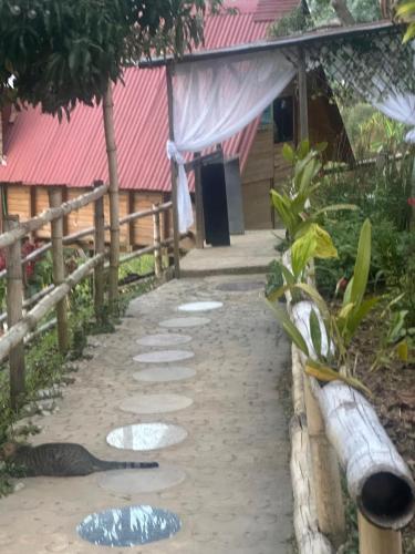 a path with stepping stones in front of a house at Finca la Cabaña in Cisneros