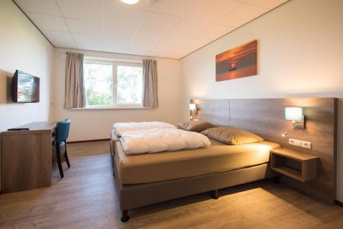 a bedroom with a bed and a desk and a window at De Oranjerie in Buren