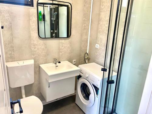 a bathroom with a washing machine and a sink at The Forest Retreat in Mihăeşti
