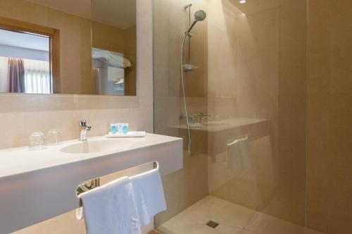 a bathroom with a sink and a shower at Hotel Ruta de Europa in Vitoria-Gasteiz