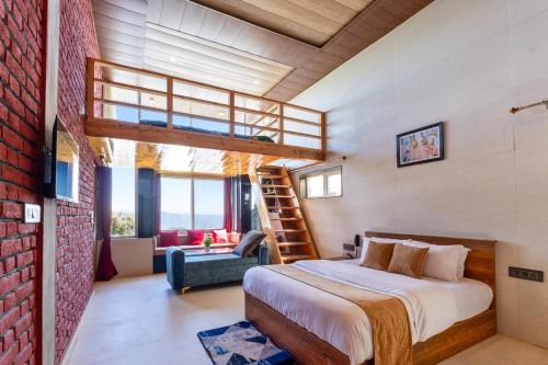a bedroom with a loft bed and a ladder at Kaafal Cottage in Mukteshwar