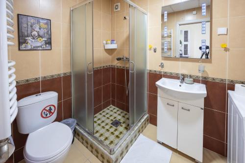 a bathroom with a shower and a toilet and a sink at Apartment Sunflower021 in Novi Sad