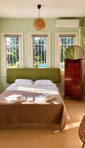 a bedroom with a bed with a green headboard and windows at Villa AVRA in Drama
