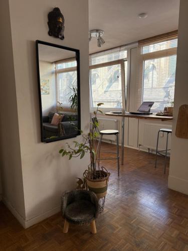 a mirror on a wall with a plant in a room at St Catherine - Sweet home - Bxl - Studio Apartment with city view in Brussels