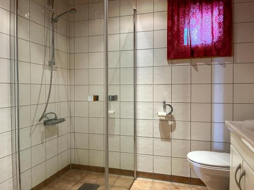 a bathroom with a shower with a toilet and a window at Tyinkrysset panorama in Tyinkrysset