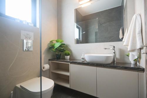 a bathroom with a sink and a toilet and a mirror at Aqua Pearl Villas in Protaras
