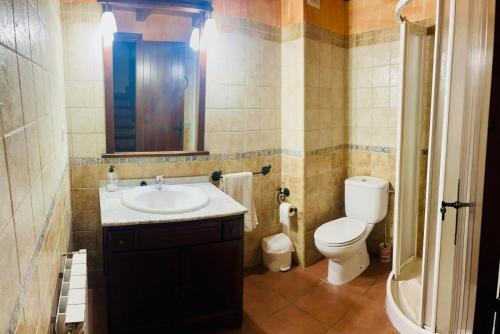 a bathroom with a sink and a toilet and a mirror at Cases Tonet 3 in Forcall