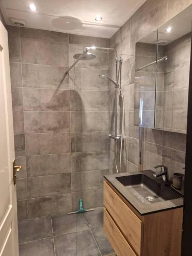 a bathroom with a shower and a sink at Nes-Tijd in Nes