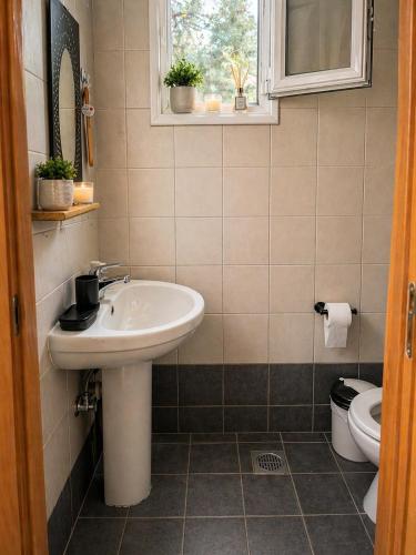 a bathroom with a sink and a toilet at Seaside Green Villa in Karianí