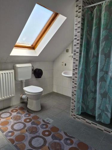 a bathroom with a toilet and a shower at Horgász-Vadász Vendégház in Egyek