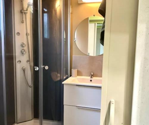 a bathroom with a sink and a shower with a mirror at Cottage PARKS OLVA in Sartène