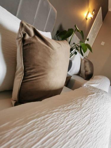 a pillow sitting on top of a bed with a plant at Limekilns House in Clydebank