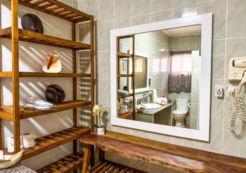 a bathroom with a mirror and a sink and a toilet at Buisson Guesthouse in La Digue