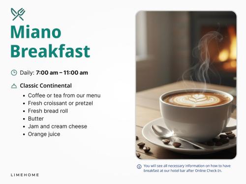 ein Flyer für ein Masala-Frühstück mit einer Tasse Kaffee in der Unterkunft Hotel Miano by Limehome in München