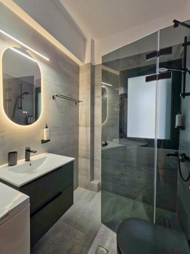 a bathroom with a sink and a toilet and a shower at Master Residence Lavrion in Lavrio