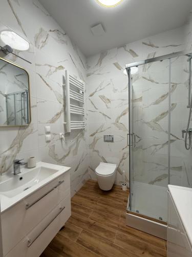 a bathroom with a shower and a sink and a toilet at Willa nad rzeką in Kłodzko