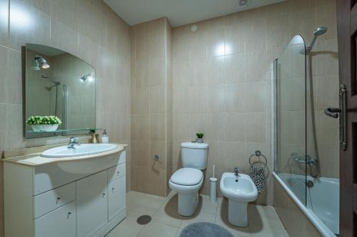 a bathroom with a toilet and a sink and a shower at Patio House - 2 Bedroom flat in Porto