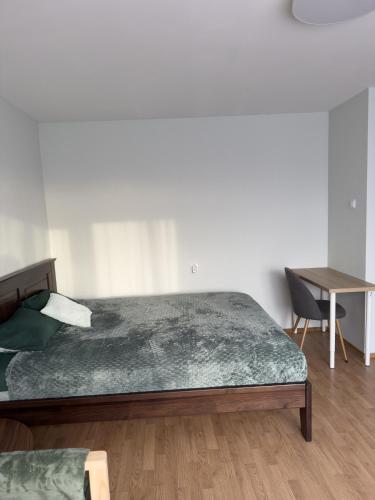 a bedroom with a bed and a desk and a table at Cozy 32 in Preiļi