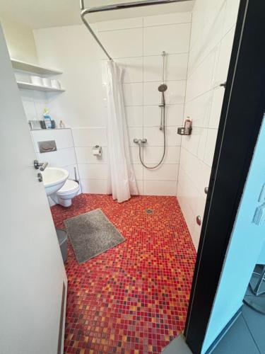 a bathroom with a shower and a red tile floor at Moderne und gemütliche Wohnung in Herzogenrath