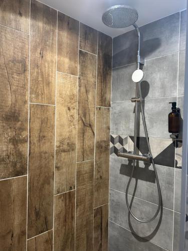 a bathroom with a shower with a wooden wall at Chambres d’hôtes Casarena in Porto-Vecchio