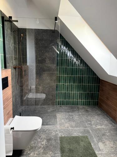 a bathroom with a shower and a toilet and green tiles at Aura Kaszub Lake&Forest in Łączyno