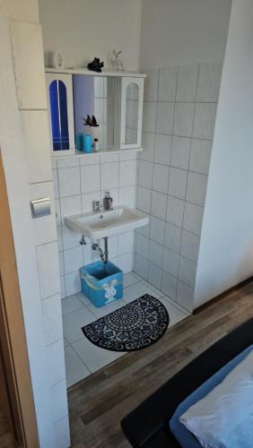 ein kleines Badezimmer mit Waschbecken und Spiegel in der Unterkunft Harzspaß in Braunlage