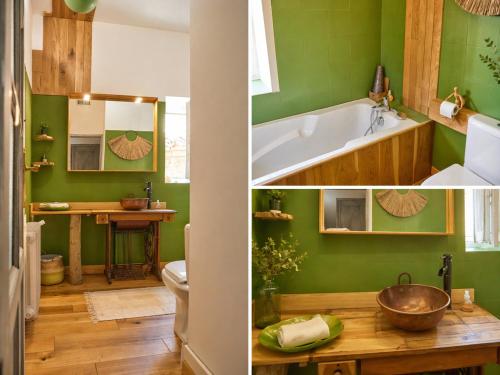 a bathroom with green walls and a tub and a sink at Domaine du Prieuré avec Piscine Ancien Couvent & Presbytère in Carcassonne