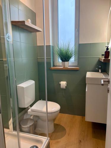 a bathroom with a toilet and a sink and a window at Inselquartett - Fewo Hiddensee in Wiek auf Rügen